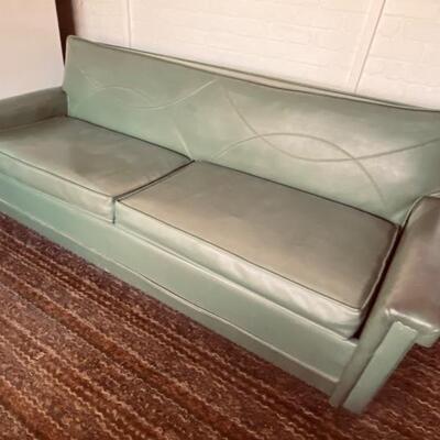 Retro Green Leather Sofa w/ Hide-a-Bed