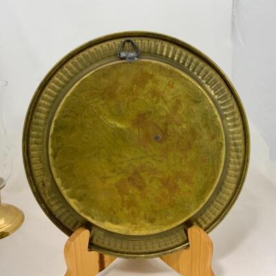 -62- Egyptian Brass Plate | 3 Spoons | Two Candle Holders, Etched Glass