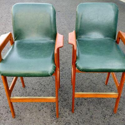 Lot #23 Pair Leather and Teak Barstools