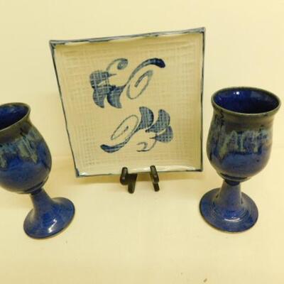 Set of Blue Drip Glaze Pottery Goblets Signed by Artist and Plate