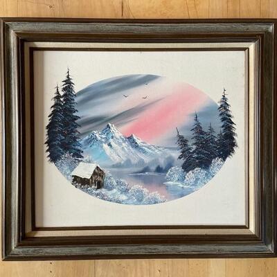  Bob Ross Style Oil on Canvas Mountain Scene
