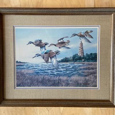 Medium Framed and Linen Mat Print Ducks with Lighthouse