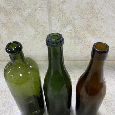 -91- VINTAGE | Three Unmarked Glass Bottles | Blob Top | Amber | Green