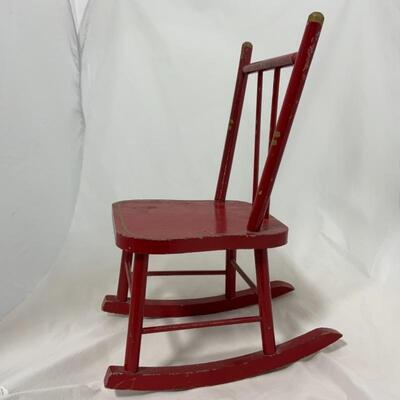 -96- VINTAGE | Red Childrenâ€™s Rocking Chair | Gold Accents | Teddy Bear