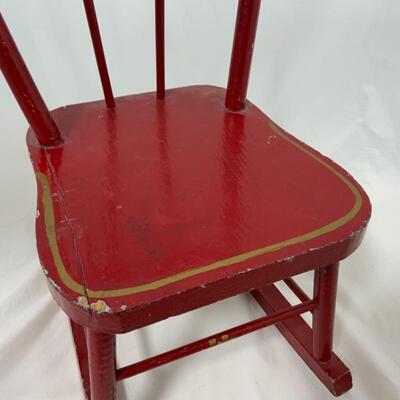-96- VINTAGE | Red Childrenâ€™s Rocking Chair | Gold Accents | Teddy Bear