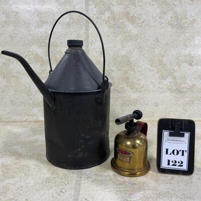 -122- VINTAGE | Mini Dunlap Brass Blow Torch | 1 Gallon Metal Gas Can