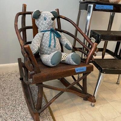 Lot 7 - Vintage wooden rocking chair, 1950's metaloid chair, bears