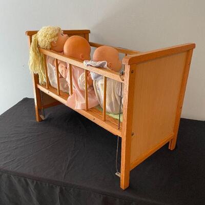 Lot 9 - Vintage wooden baby cradle and toys, bin of collectible Ty beanie babies