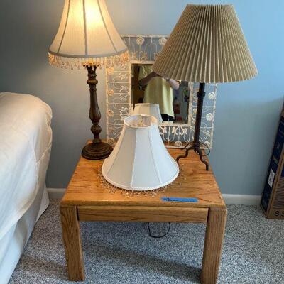 Lot 10 - Solid wood square table, mirror, (2) lamps
