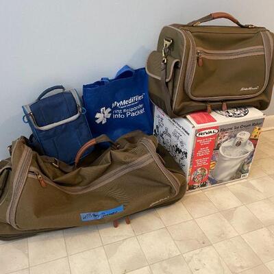 Lot 15 - 2 large Eddie Bauer bags, 3 misc. bags, Rival electric ice cream maker