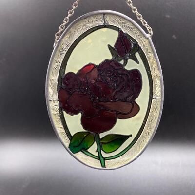 Small Red Rose Stained Glass Oval Hanging Decor Art