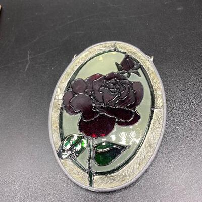 Small Red Rose Stained Glass Oval Hanging Decor Art