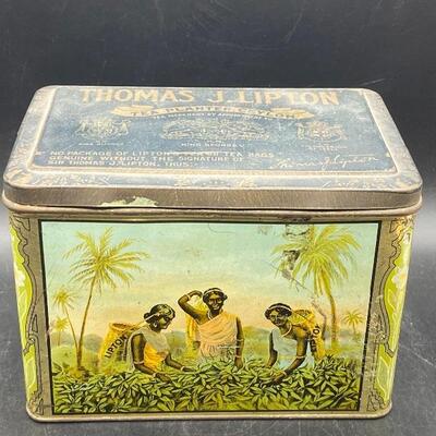 Vintage Antique Lipton Tea Hinged Lid Tin Harvest Scenes 
