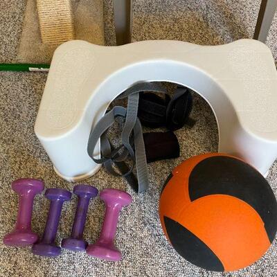 Lot 26 - Weights, exercise ball, stool/table, broom, cat toy