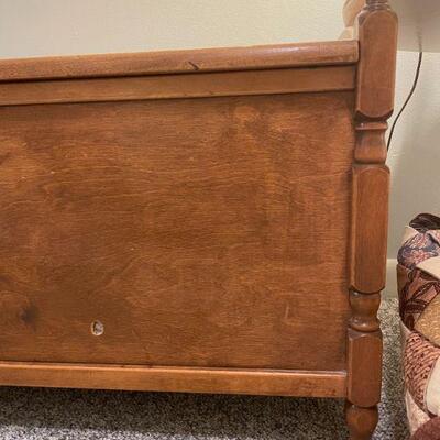 Lot 30 - Solid wood chest, 2 blankets, woven purse, hand painted table, brass lamp, small rug