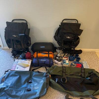 Lot 31 - Large Bass pro shops duffel bag, Swiss gear solo twin air bed inflatable, sea line 30 gallon dry bag, (2) backpack pillows, more...