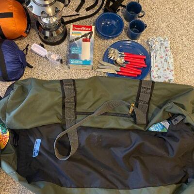 Lot 31 - Large Bass pro shops duffel bag, Swiss gear solo twin air bed inflatable, sea line 30 gallon dry bag, (2) backpack pillows, more...