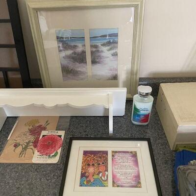 Lot 36 - Heater, mirror, shelf, 3 pictures and more