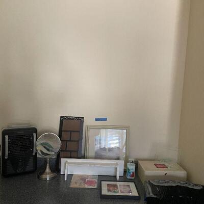 Lot 36 - Heater, mirror, shelf, 3 pictures and more