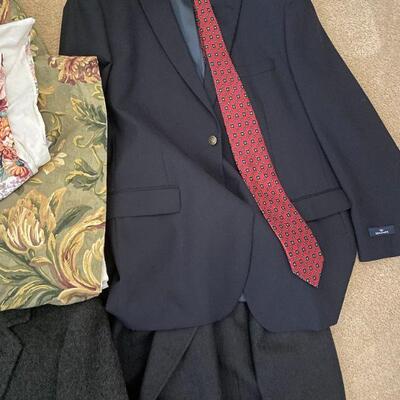 Lot 39 - Lot of women's and men's coats, ties, suit coats, drapes set
