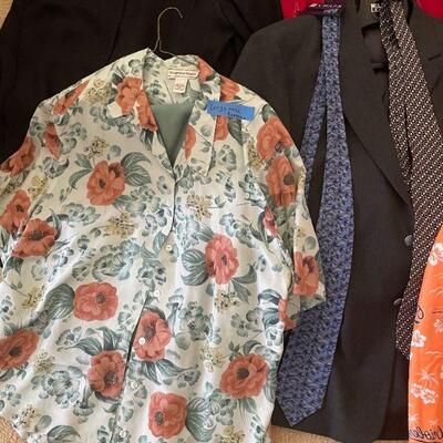 Lot 39 - Lot of women's and men's coats, ties, suit coats, drapes set
