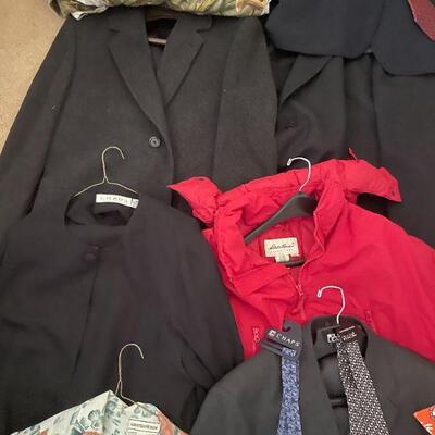 Lot 39 - Lot of women's and men's coats, ties, suit coats, drapes set