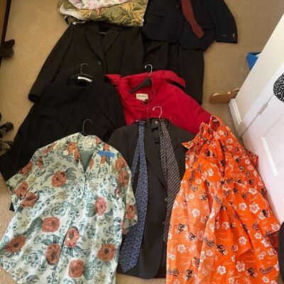 Lot 39 - Lot of women's and men's coats, ties, suit coats, drapes set