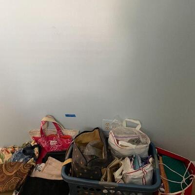Lot 41 - Misc. bags, lots of fabrics, laundry basket
