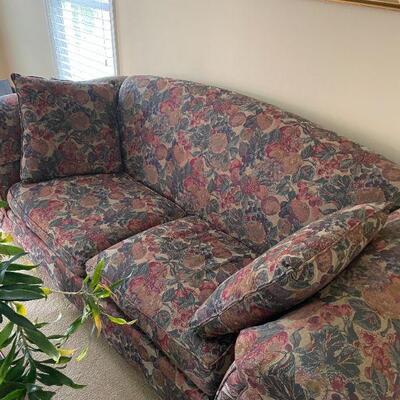 Lot 46 - Sherril furniture couch,(2) floral vases, collection of magazines, (2) weights, bowl, live plant, picture