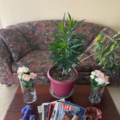 Lot 46 - Sherril furniture couch,(2) floral vases, collection of magazines, (2) weights, bowl, live plant, picture