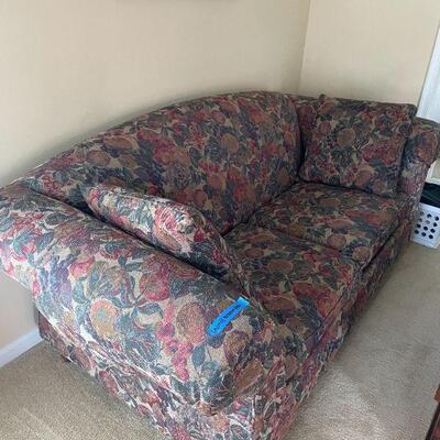 Lot 46 - Sherril furniture couch,(2) floral vases, collection of magazines, (2) weights, bowl, live plant, picture