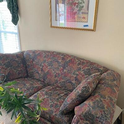 Lot 46 - Sherril furniture couch,(2) floral vases, collection of magazines, (2) weights, bowl, live plant, picture