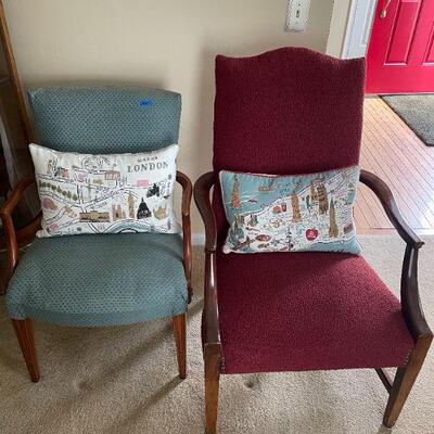 Lot 47 - 2 upholstered chairs, 2 pillows, misc. kitchen items