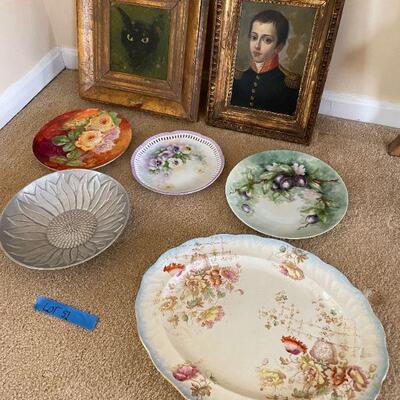 Lot 51 - 4 hand painted plates, flower bowl, 2 signed paintings