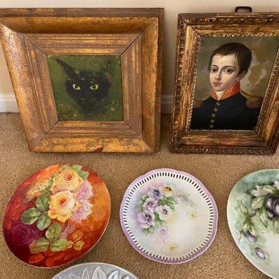 Lot 51 - 4 hand painted plates, flower bowl, 2 signed paintings