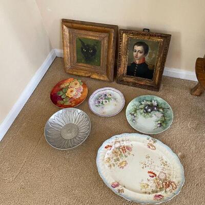 Lot 51 - 4 hand painted plates, flower bowl, 2 signed paintings