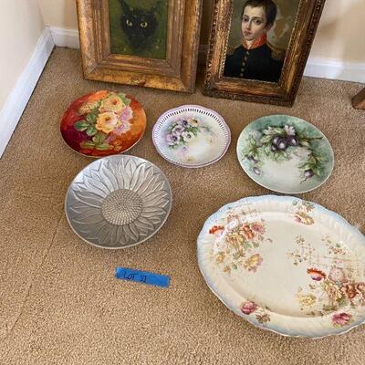 Lot 51 - 4 hand painted plates, flower bowl, 2 signed paintings