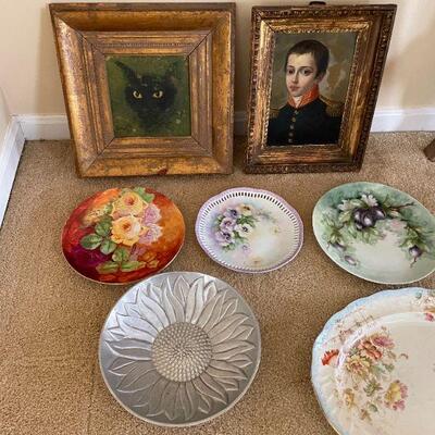 Lot 51 - 4 hand painted plates, flower bowl, 2 signed paintings