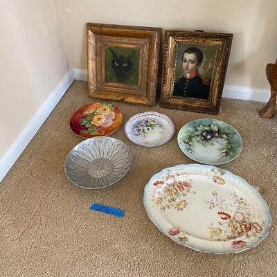 Lot 51 - 4 hand painted plates, flower bowl, 2 signed paintings