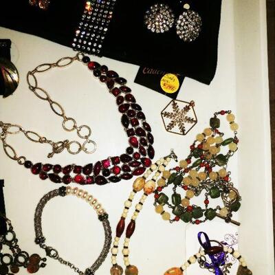 Saks fine leather gloves + SS Garnets + Costume jewelry