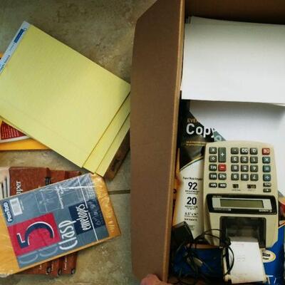 Box of office paper, envelopes, adding machine