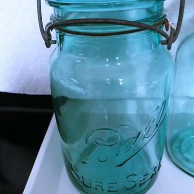 Antique Ball jars with glass lids, lg glass floral frog