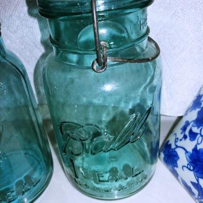 Antique Ball jars with glass lids, lg glass floral frog
