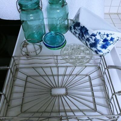 Antique Ball jars with glass lids, lg glass floral frog