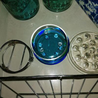 Antique Ball jars with glass lids, lg glass floral frog