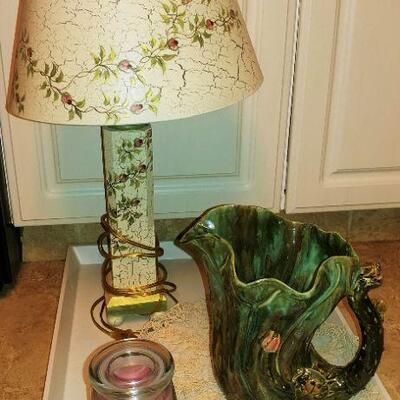 Country Lamp, handmade paper, & Majolica Frogs pitcher 
