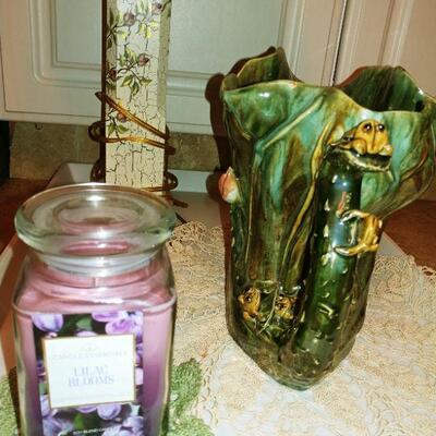 Country Lamp, handmade paper, & Majolica Frogs pitcher 