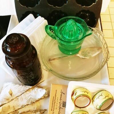 Kitchen Pyrex Pies, lemon strainer, and Asst.