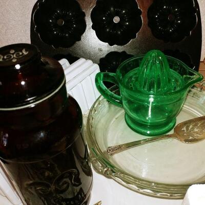 Kitchen Pyrex Pies, lemon strainer, and Asst.