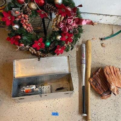 Lot 56 - (2) baseball bats, (2) baseball gloves, tool box, Black and Decker jigsaw, pocket knife, christmas wreath